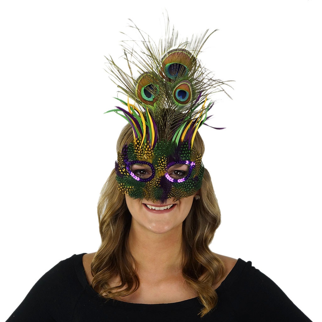 Peacock Goose Biot Feather Mask - Mardi Gras - Feathers