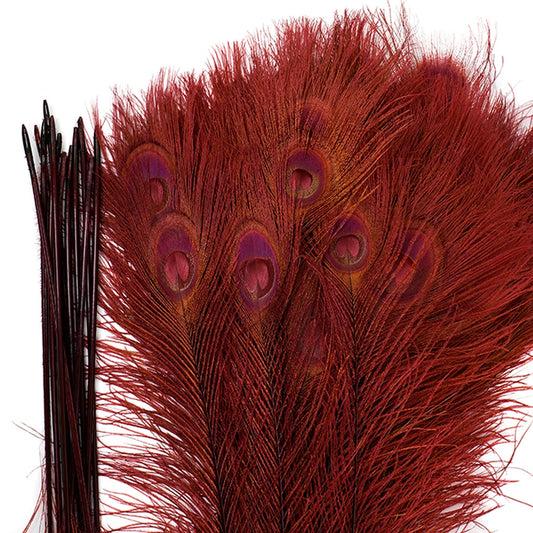 Peacock Tail Eyes Bleached Dyed - 25-40 Inch - 100 PCS - Burgundy - Feathers