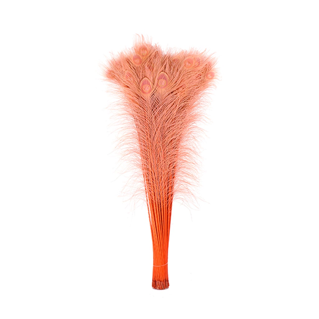 Peacock Tail Eyes Bleached Dyed Feathers - 25-40 Inch - 100 PCS - Coral - Feathers