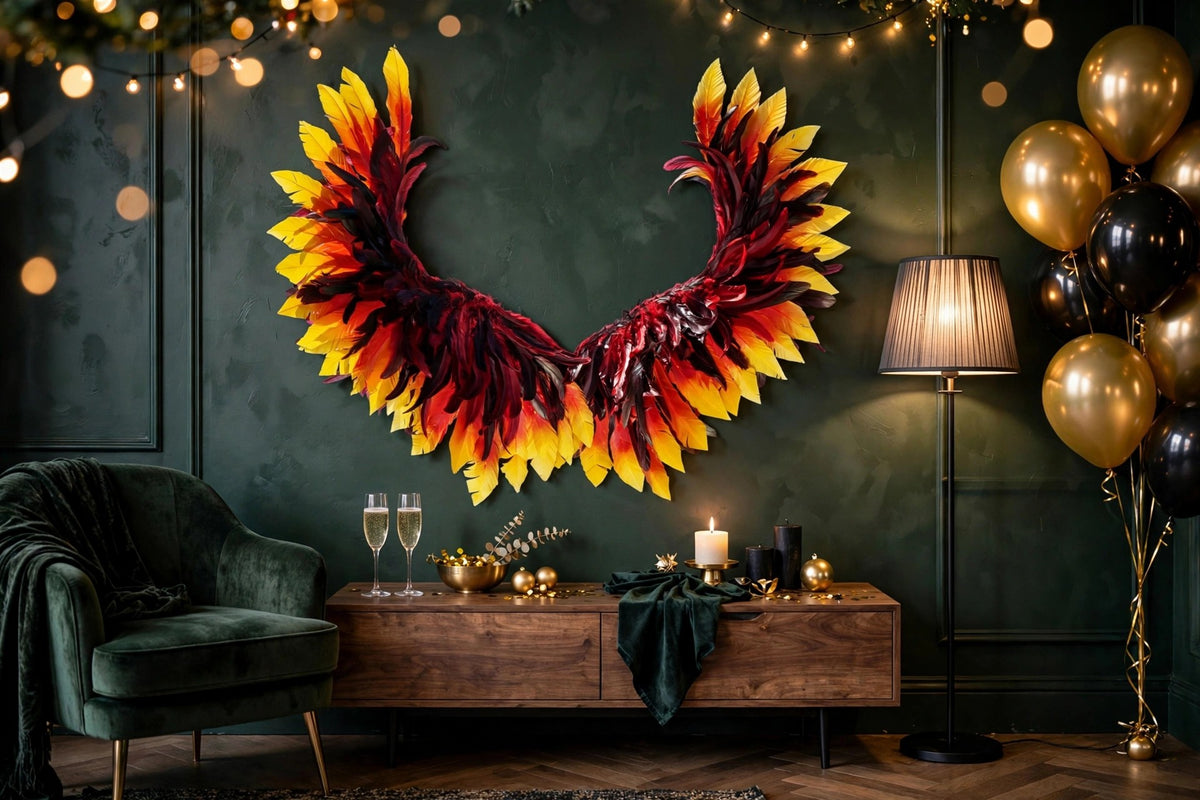 Phoenix Firebird Dyed Feather Wings - Red hung on a wall in a holiday-decorated room