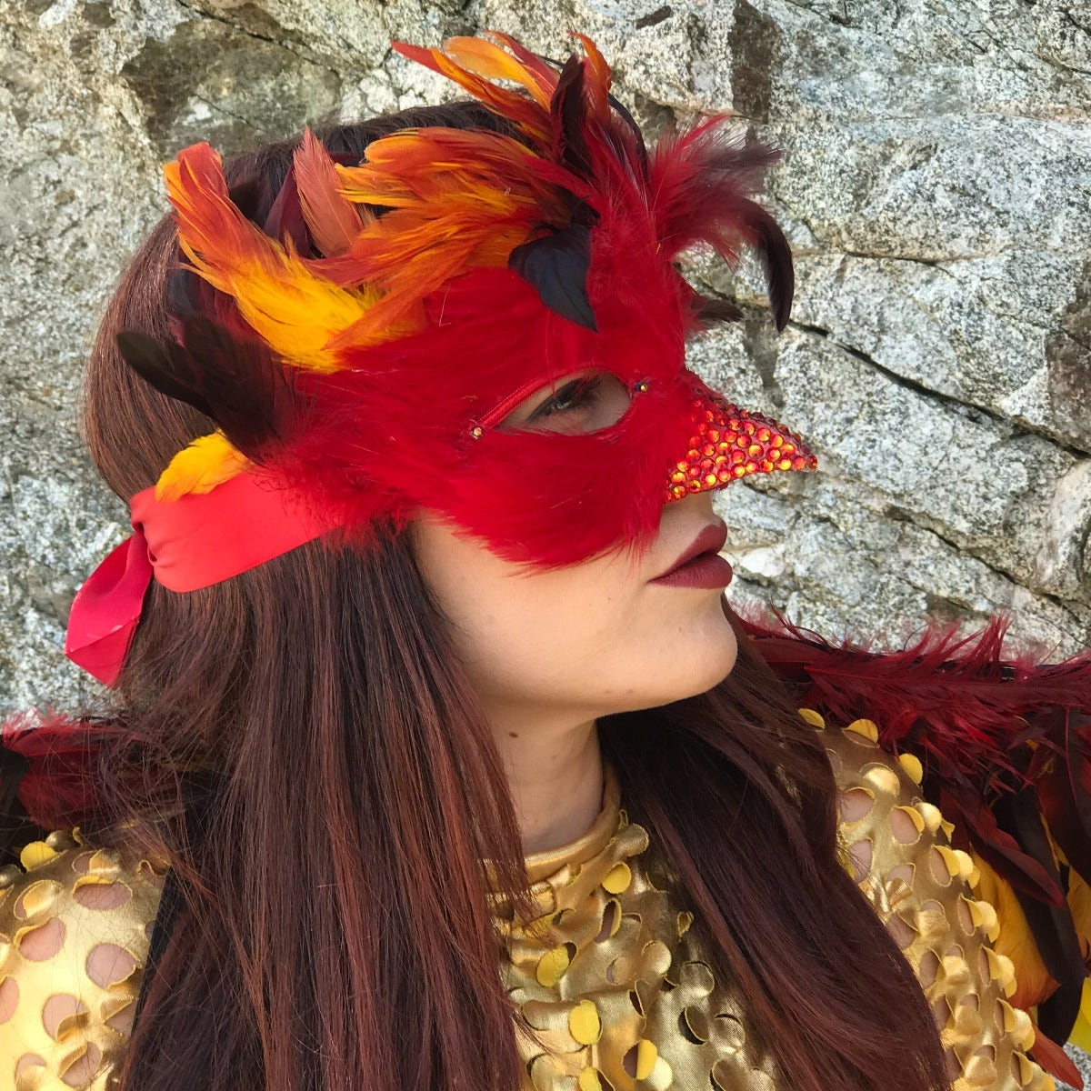 Phoenix Firebird Feather Mask For Carnival And Halloween Costume - Red - Feathers