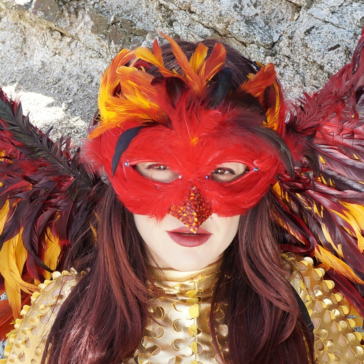 Phoenix Firebird Feather Mask For Carnival And Halloween Costume - Red - Feathers