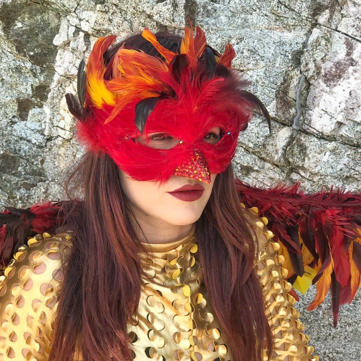 Phoenix Firebird Feather Mask For Carnival And Halloween Costume - Red - Feathers