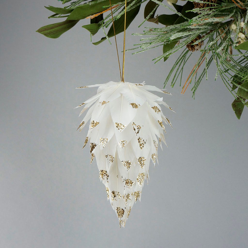 Pine Cone Ornament w/Glitter White w/Gold - Feathers