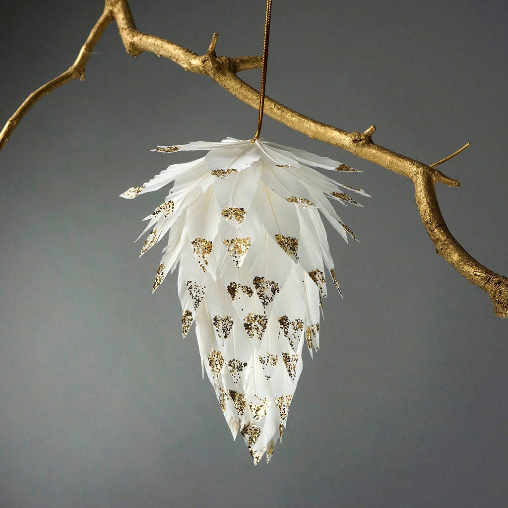 Pine Cone Ornament w/Glitter White w/Gold - Feathers