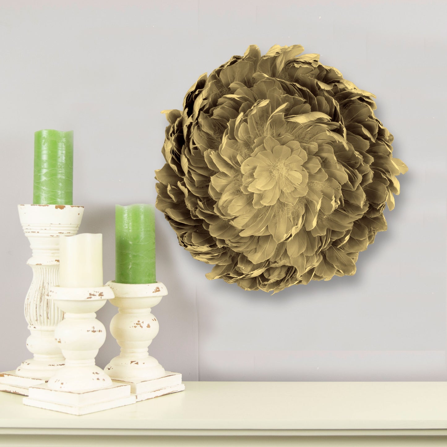 Juju Hat Nagoire Feather Wall Art 16 inch Wood Base   24-26 inch DIA --Beige