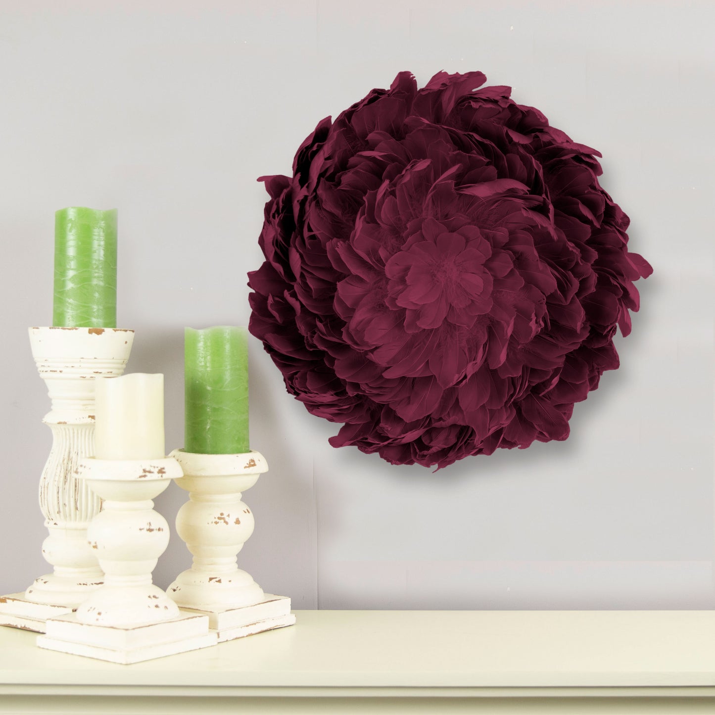 Juju Hat Nagoire Feather Wall Art 16 inch Wood Base   24-26 inch DIA --Burgundy