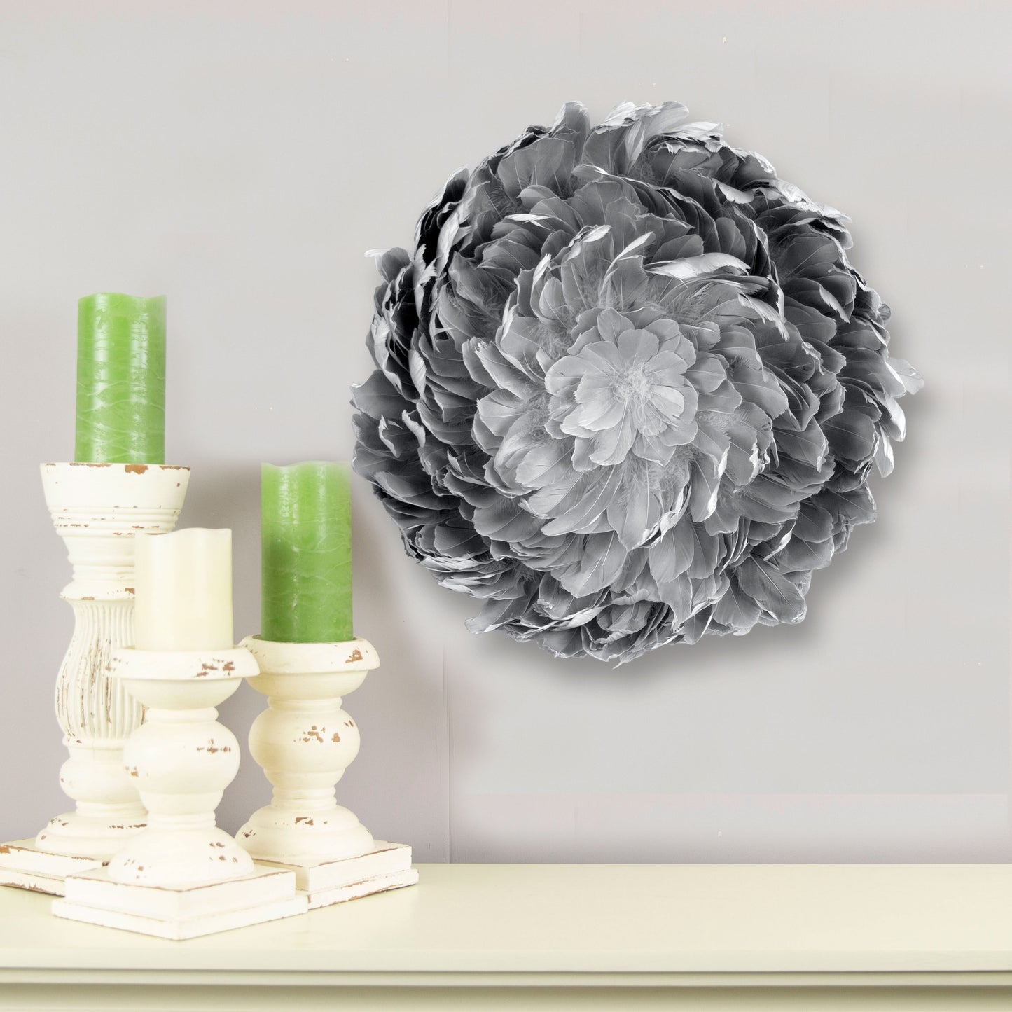 Juju Hat Nagoire Feather Wall Art 16 inch Wood Base   24-26 inch DIA --Silver