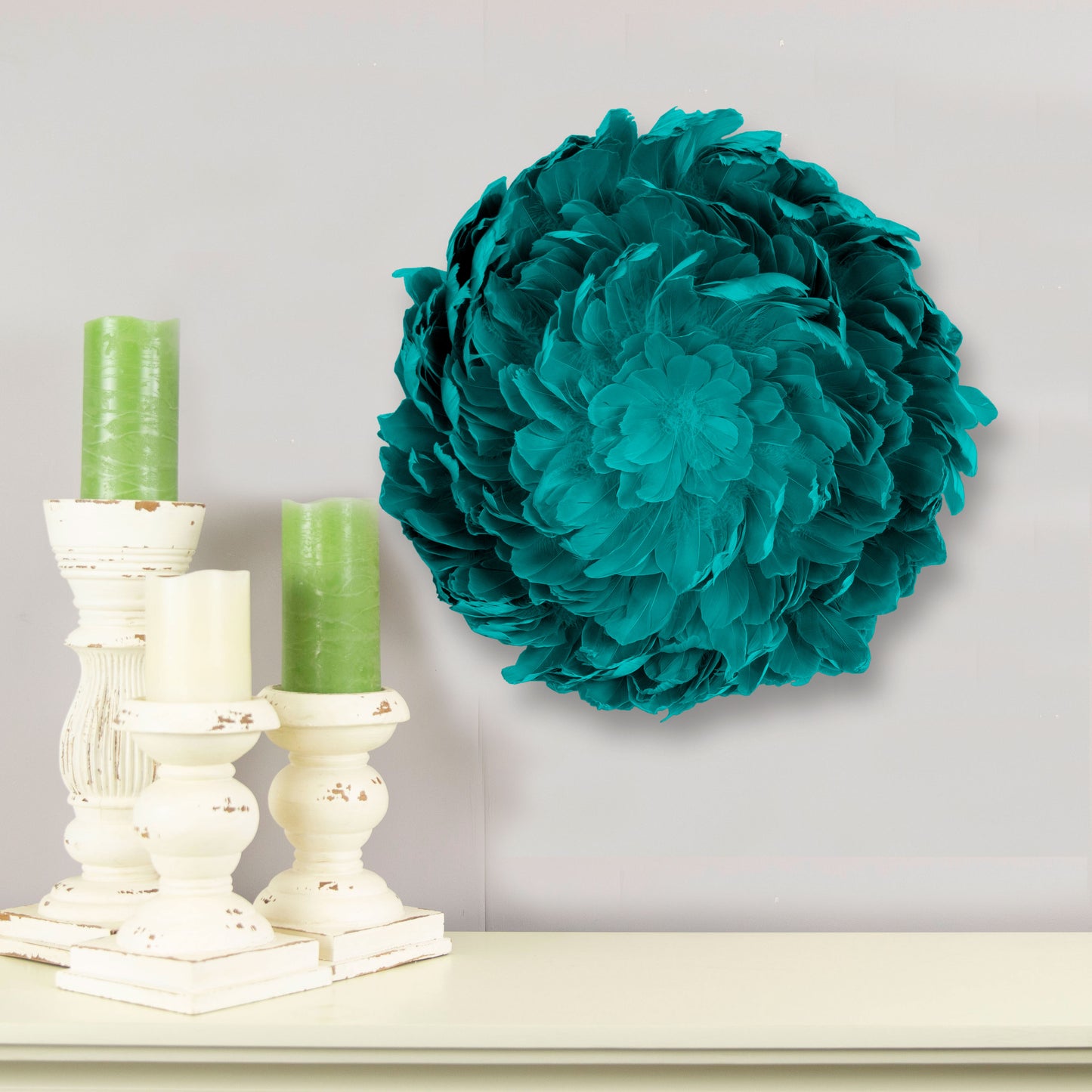 Juju Hat Nagoire Feather Wall Art 16 inch Wood Base   24-26 inch DIA --Teal