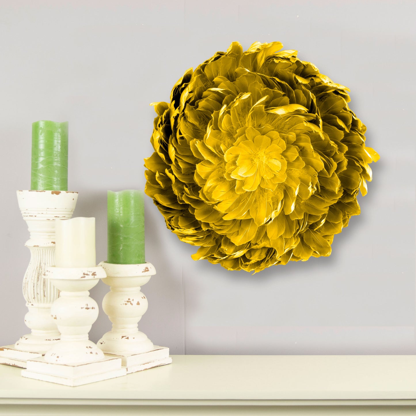 Juju Hat Nagoire Feather Wall Art 16 inch Wood Base   24-26 inch DIA --Yellow