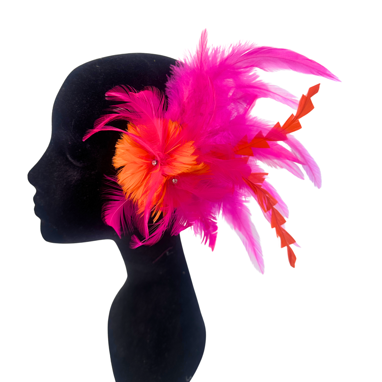 Tropical Feather Flower Clip w/Rooster Saddles 10x8 inch --Shocking Pink/Orange
