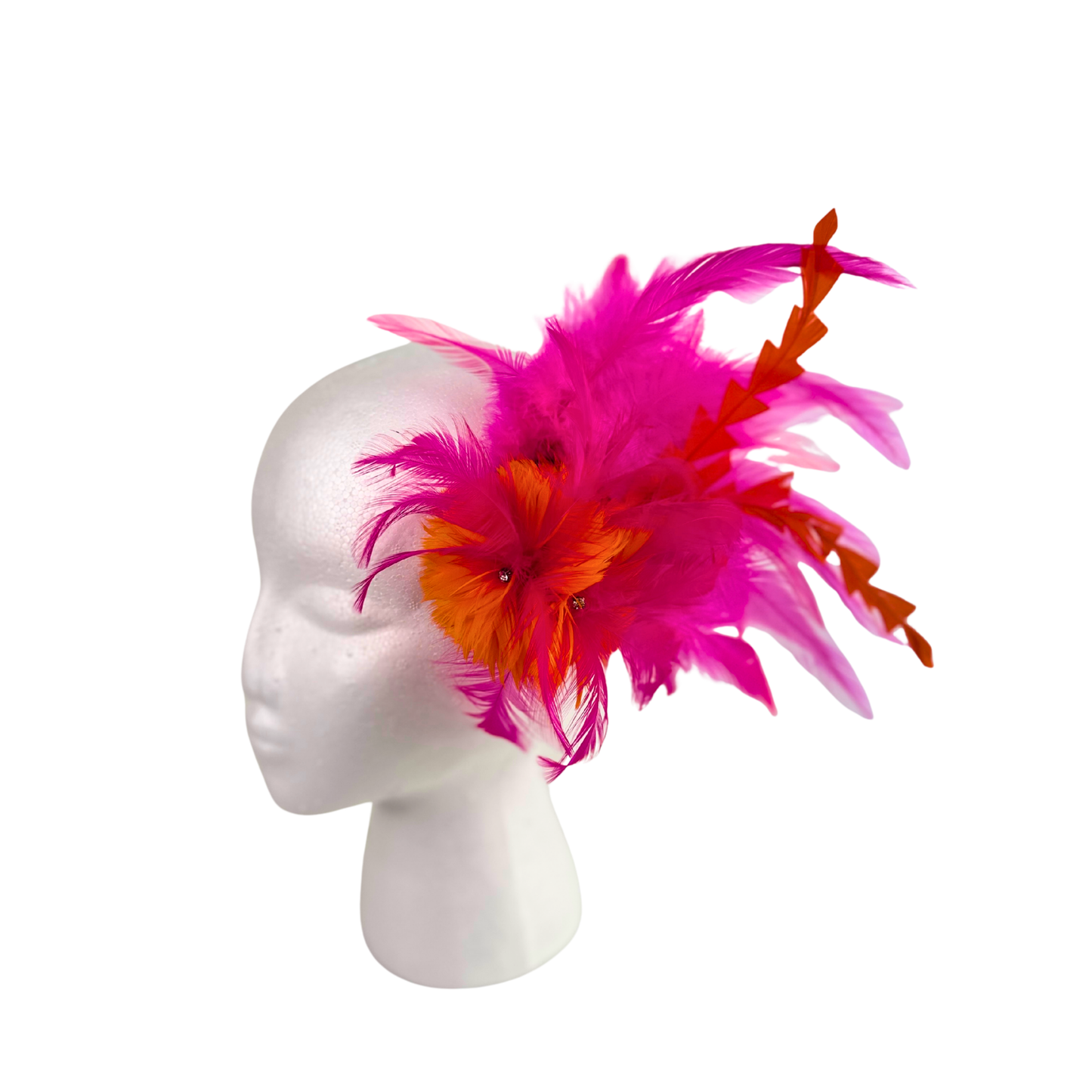 Tropical Feather Flower Clip w/Rooster Saddles 10x8 inch --Shocking Pink/Orange