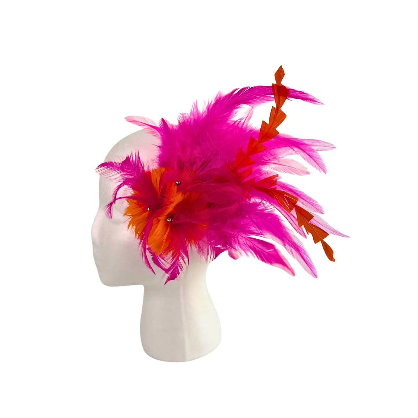 Tropical Feather Flower Clip w/Rooster Saddles 10x8 inch --Shocking Pink/Orange
