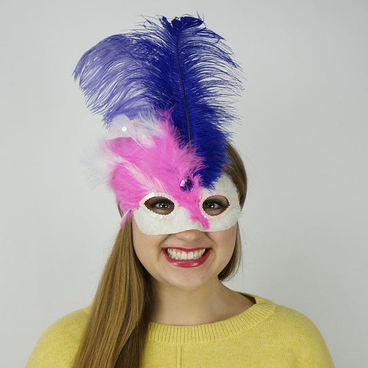 Pink-White Feather Mask w/Ostrich Feathers Lavender/Regal - Feathers