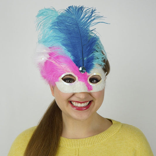 Pink-White Feather Mask w/Ostrich Feathers Lt Turq/Dk Turq - Feathers