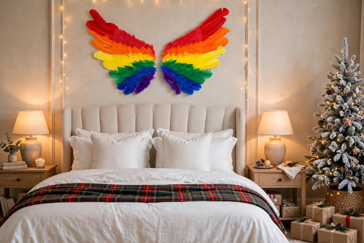 Rainbow Feather Wings hung on a wall in a holiday-decorated room