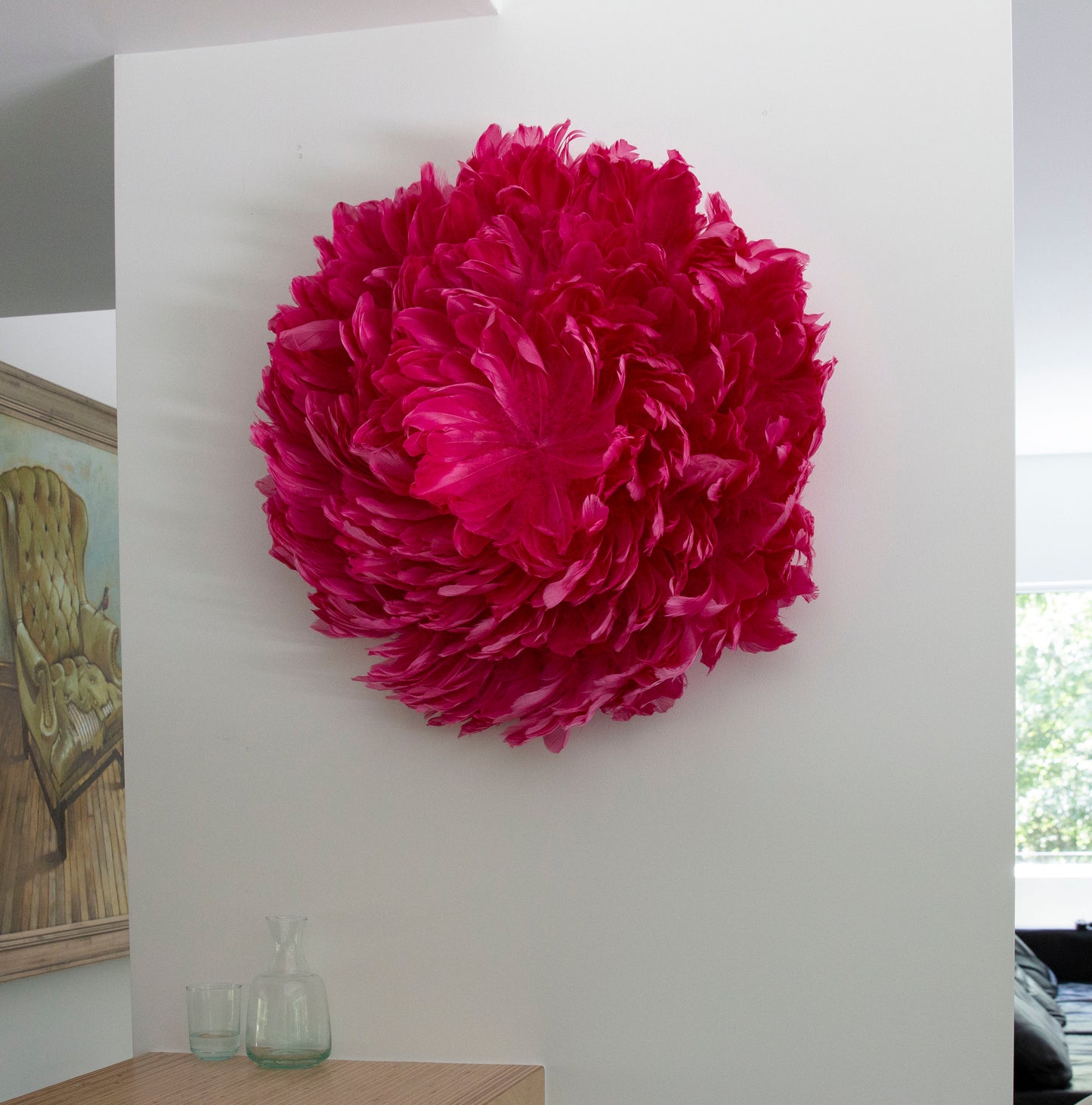 Juju Hat Nagoire Feather Wall Art 16 inch Wood Base   24-26 inch DIA --Raspberry Sorbet
