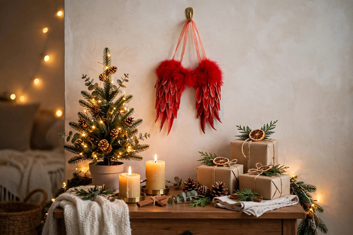 Red Angel Wing Ornament hung on a wall in a holiday-decorated room