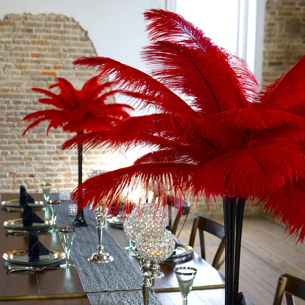 Red and Black Ostrich Feather Centerpieces - Events Wholesale