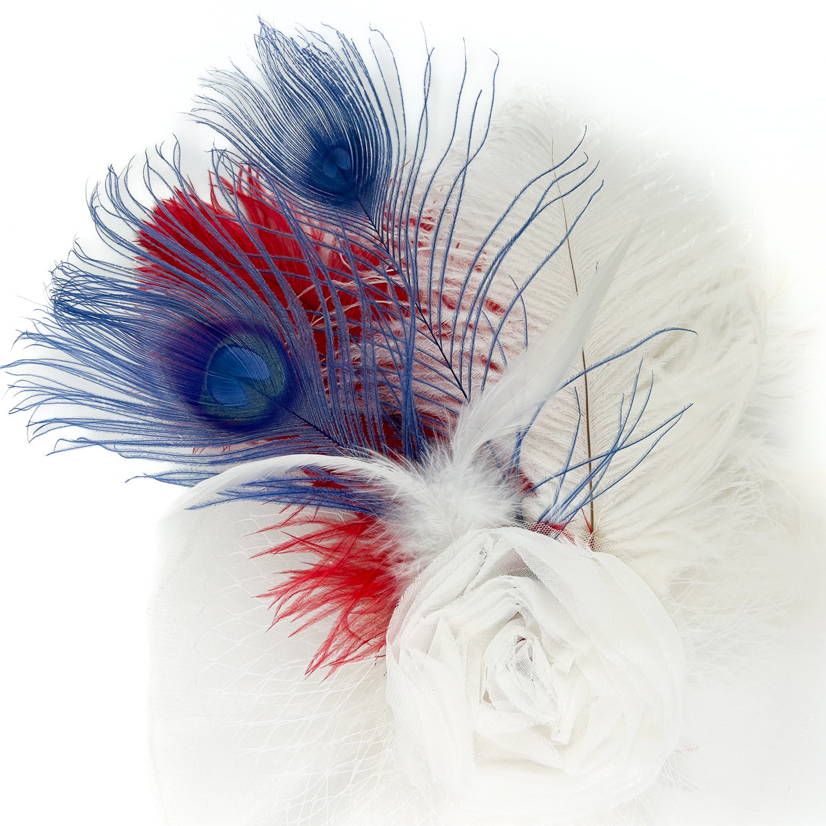 Blanca Fascinator Ostrich/Rooster Schlappe/Peacock --Red/White/Royal