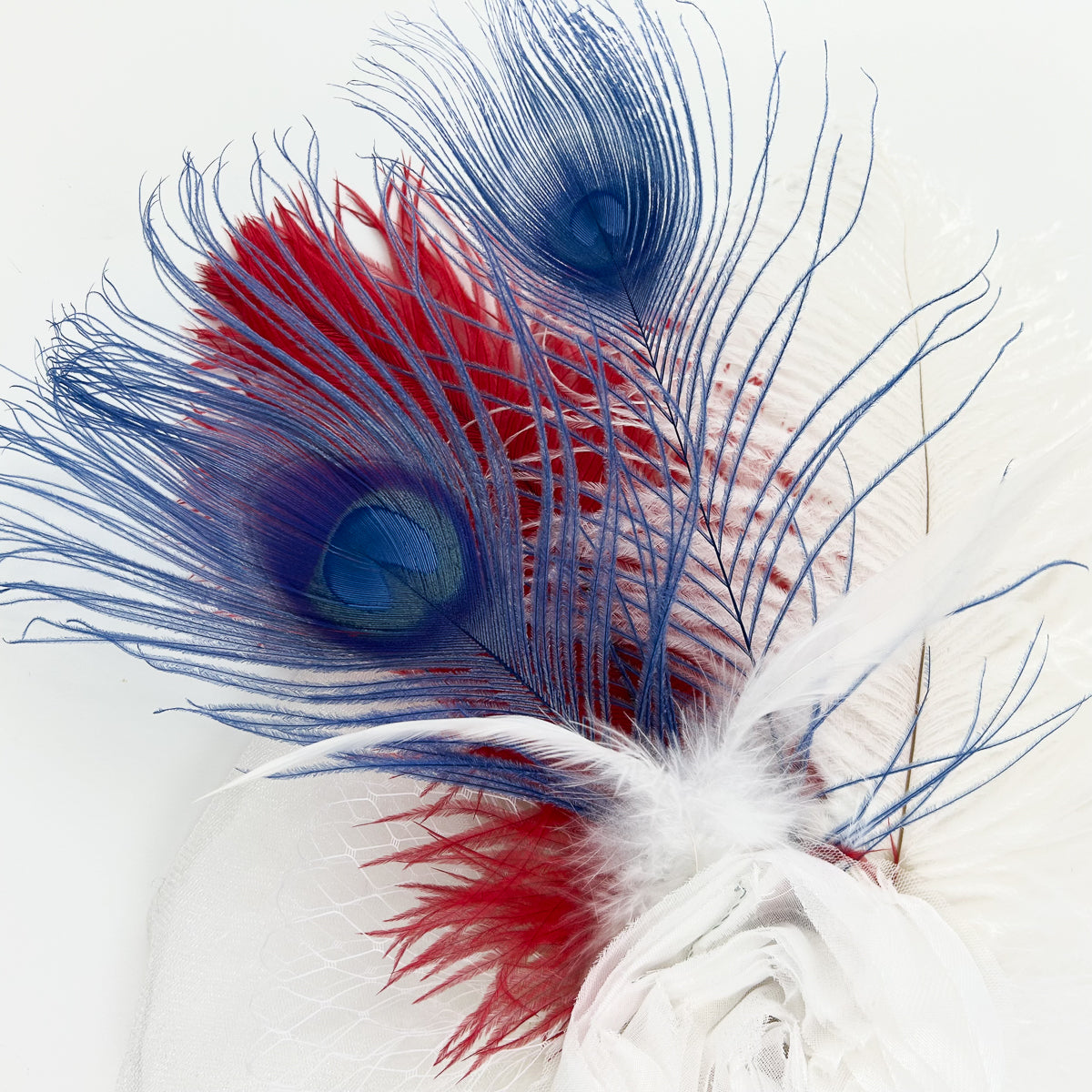Blanca Fascinator Ostrich/Rooster Schlappe/Peacock --Red/White/Royal