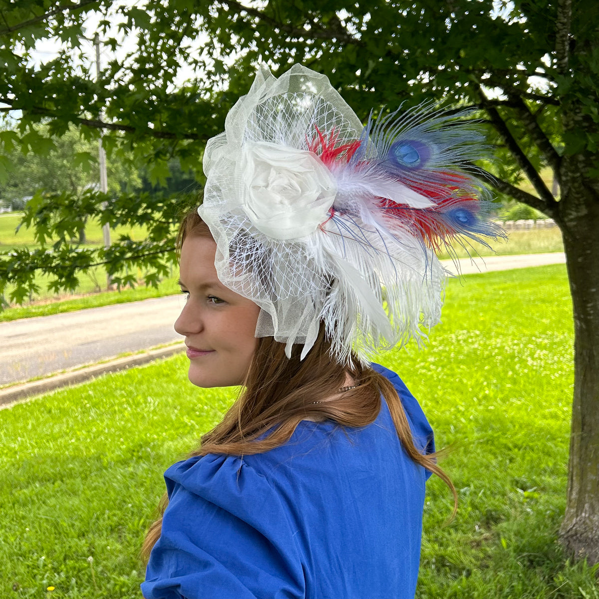 Blanca Fascinator Ostrich/Rooster Schlappe/Peacock --Red/White/Royal