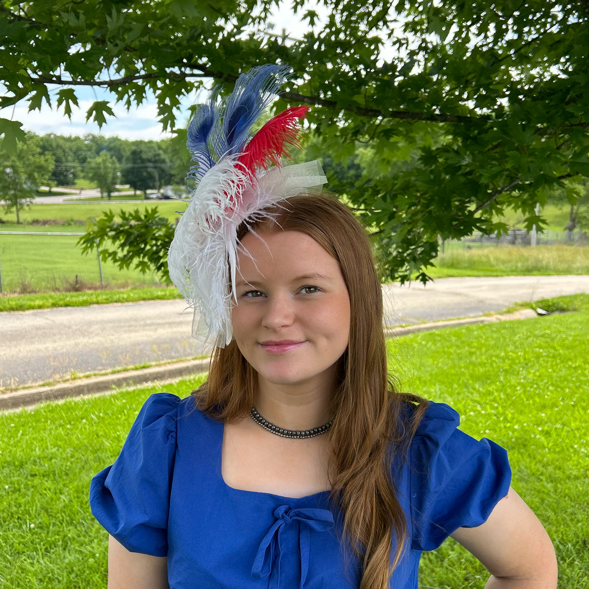Blanca Fascinator Ostrich/Rooster Schlappe/Peacock --Red/White/Royal