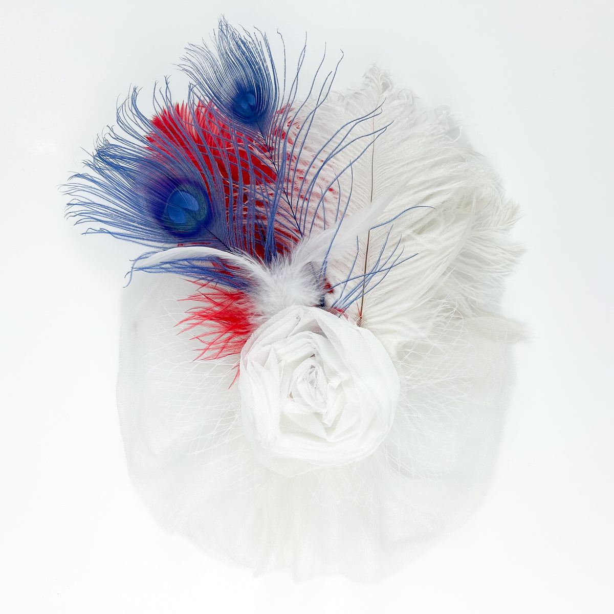 Blanca Fascinator Ostrich/Rooster Schlappe/Peacock --Red/White/Royal
