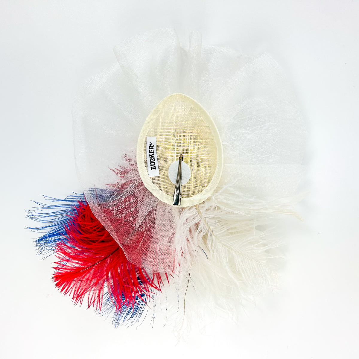 Blanca Fascinator Ostrich/Rooster Schlappe/Peacock --Red/White/Royal