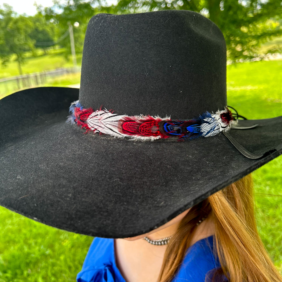 Americana Pheasant Plumage Hat Bad w/Leather Ties .50 x 22 inch --Red/White/Royal