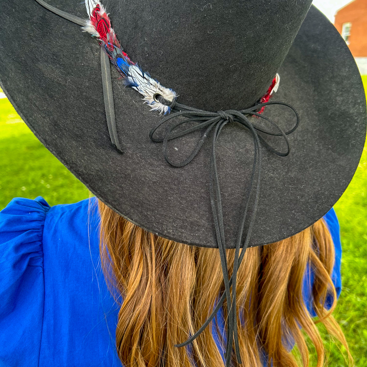 Americana Pheasant Plumage Hat Bad w/Leather Ties .50 x 22 inch --Red/White/Royal
