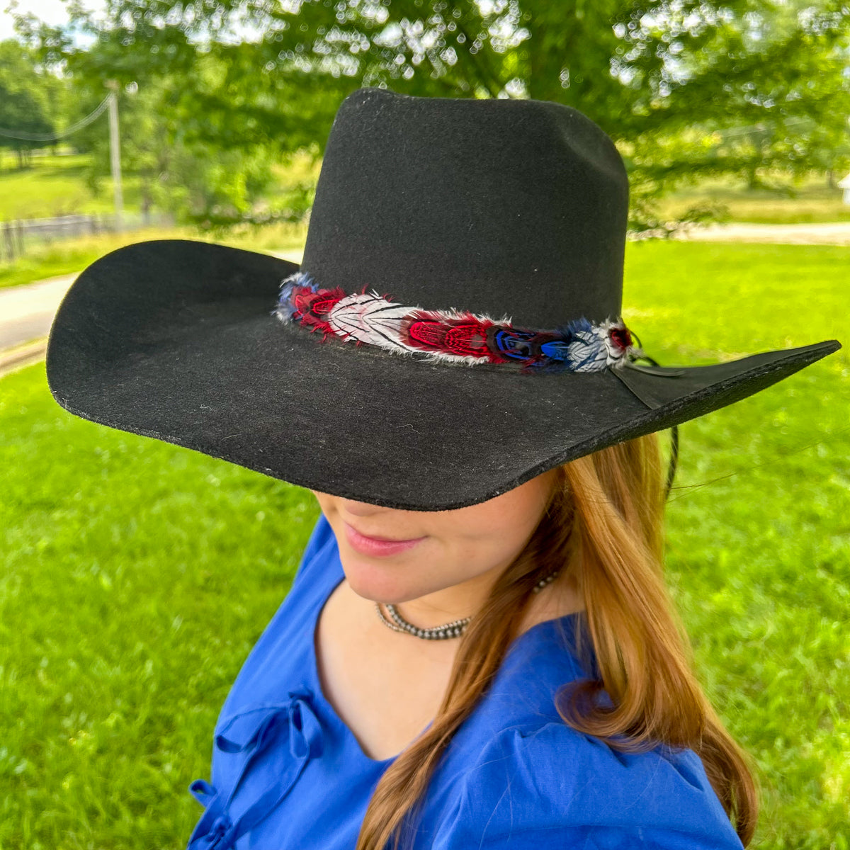 Americana Pheasant Plumage Hat Bad w/Leather Ties .50 x 22 inch --Red/White/Royal