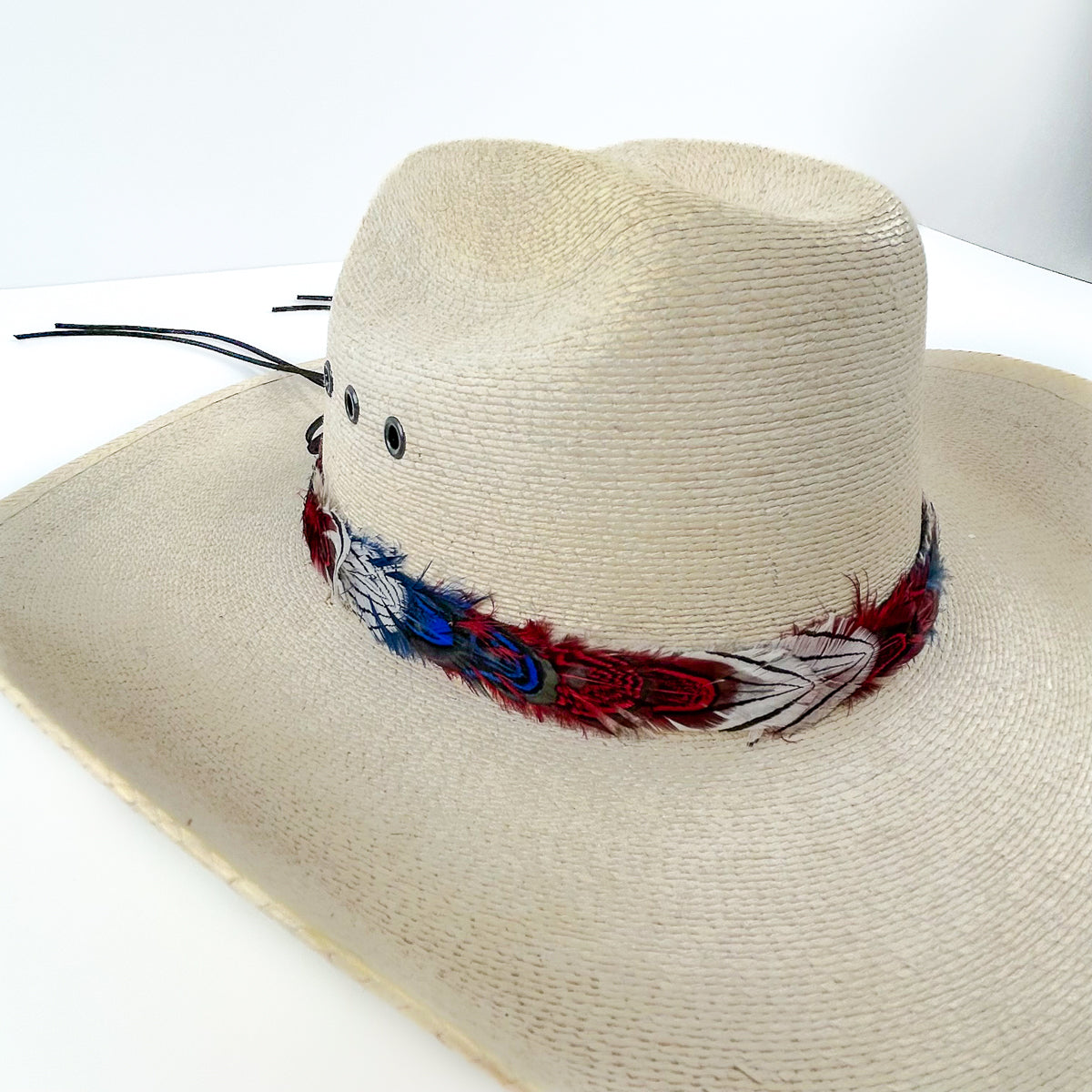 Americana Pheasant Plumage Hat Bad w/Leather Ties .50 x 22 inch --Red/White/Royal