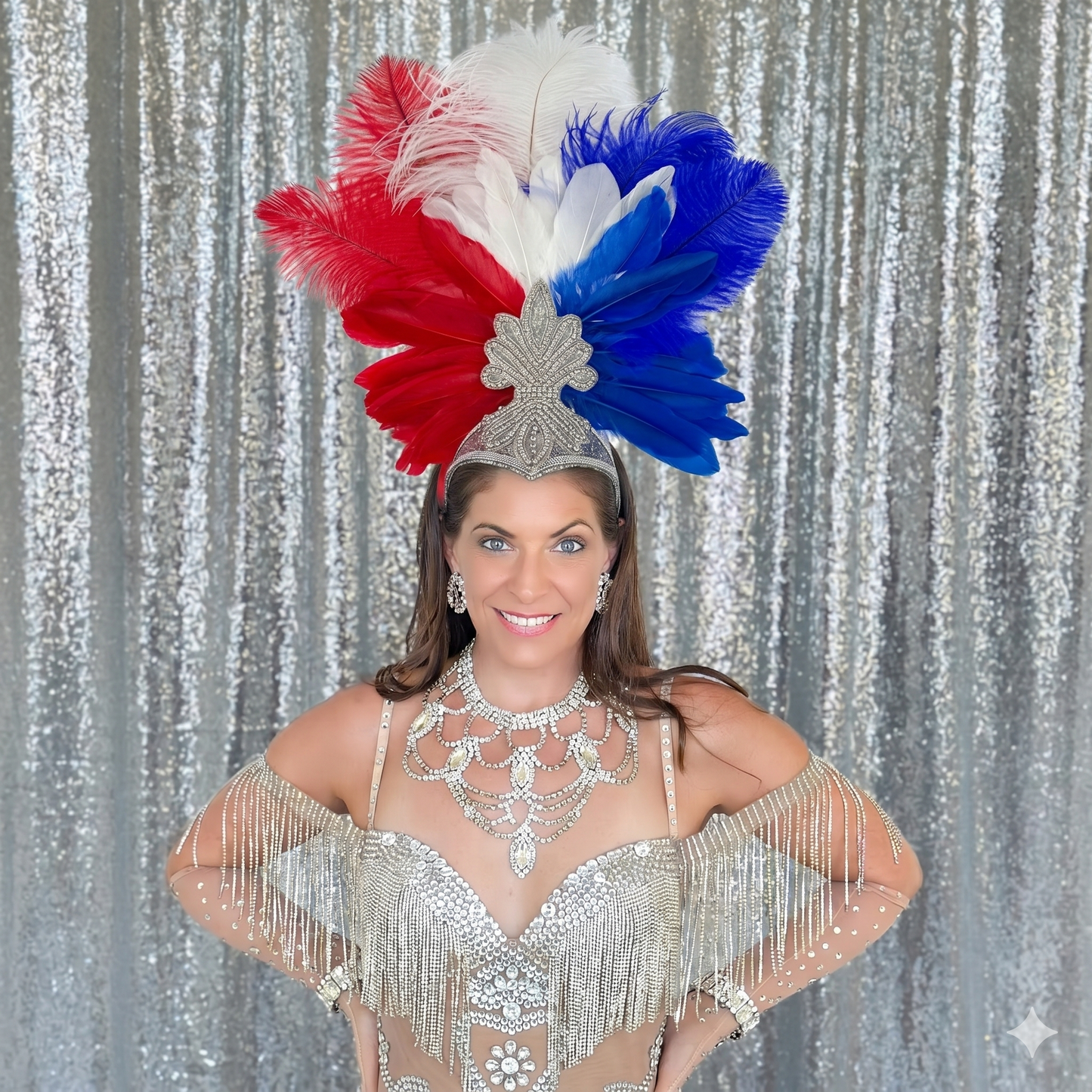 Ginger Showgirl Headdress w/Silver Glitter Base --Red/White/Royal