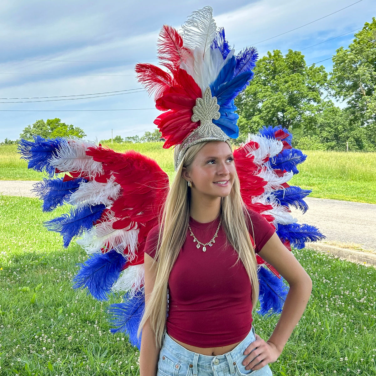 Ginger Showgirl Headdress w/Silver Glitter Base --Red/White/Royal