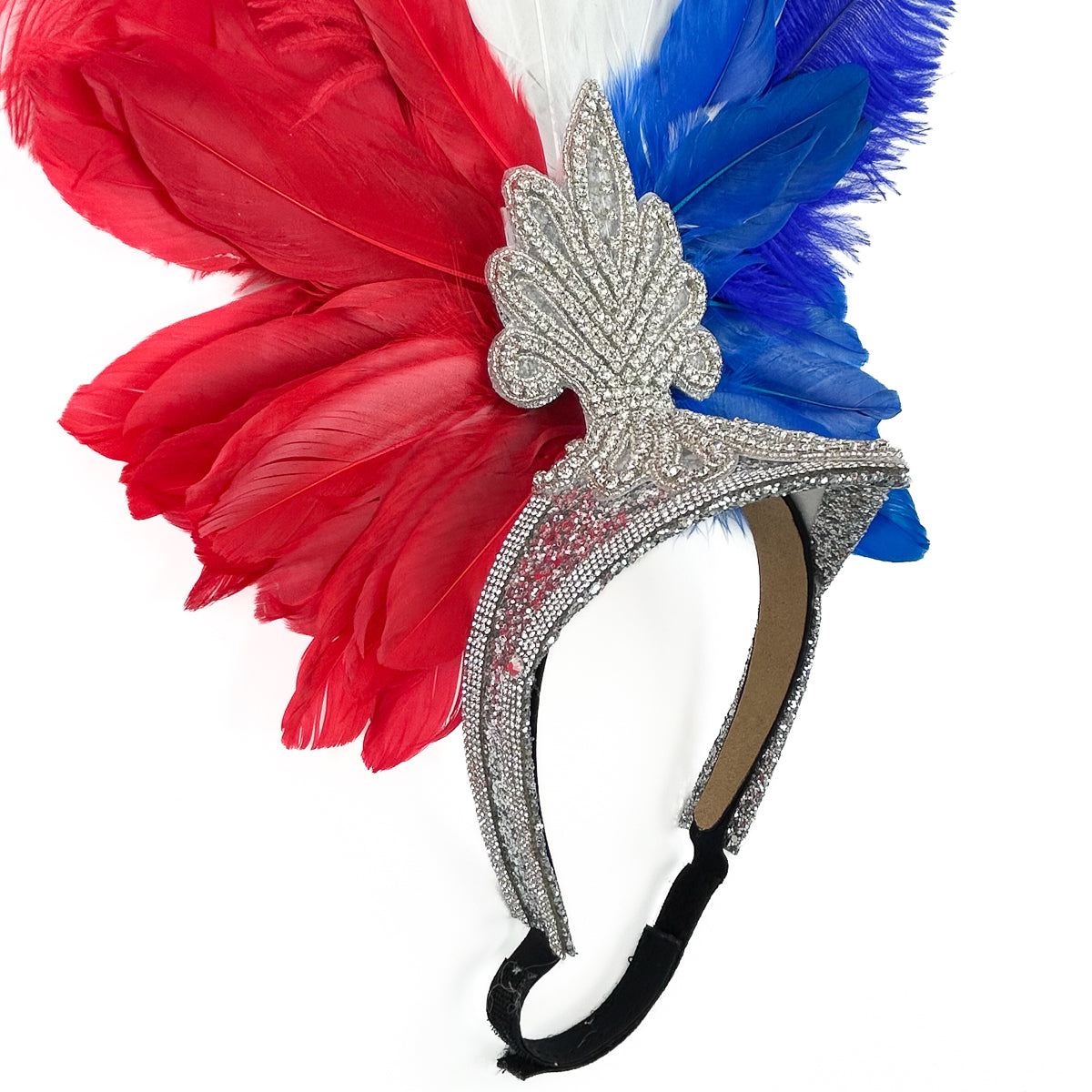 Ginger Showgirl Headdress w/Silver Glitter Base --Red/White/Royal