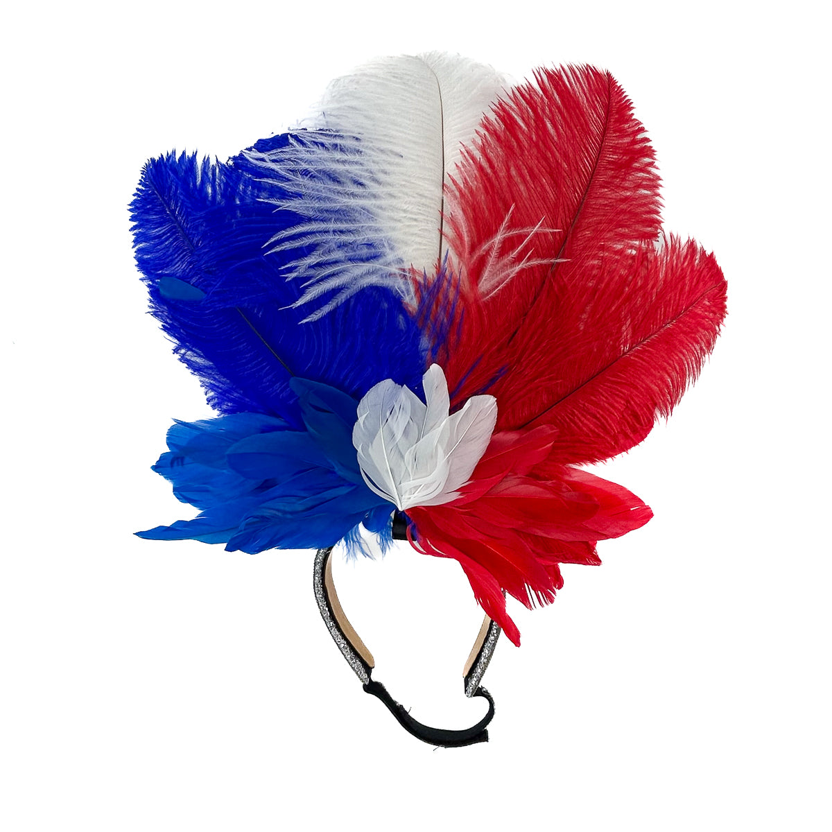 Ginger Showgirl Headdress w/Silver Glitter Base --Red/White/Royal