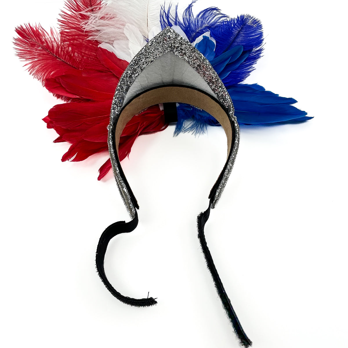 Ginger Showgirl Headdress w/Silver Glitter Base --Red/White/Royal