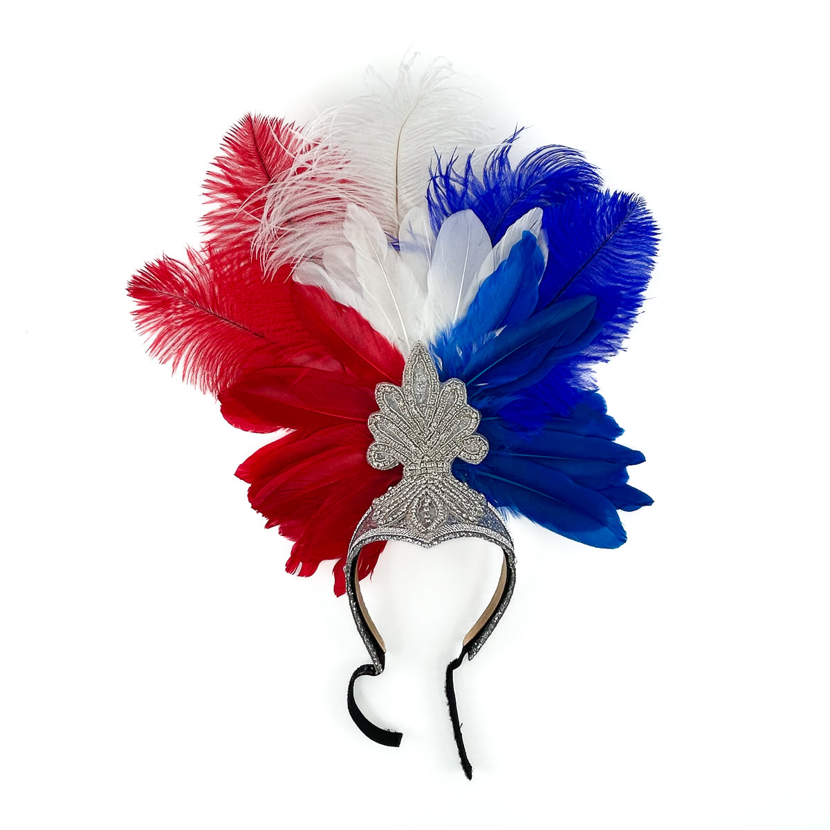 Ginger Showgirl Headdress w/Silver Glitter Base --Red/White/Royal