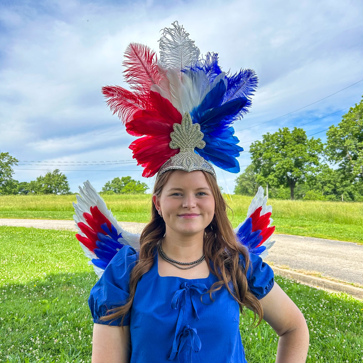 Ginger Showgirl Headdress w/Silver Glitter Base --Red/White/Royal