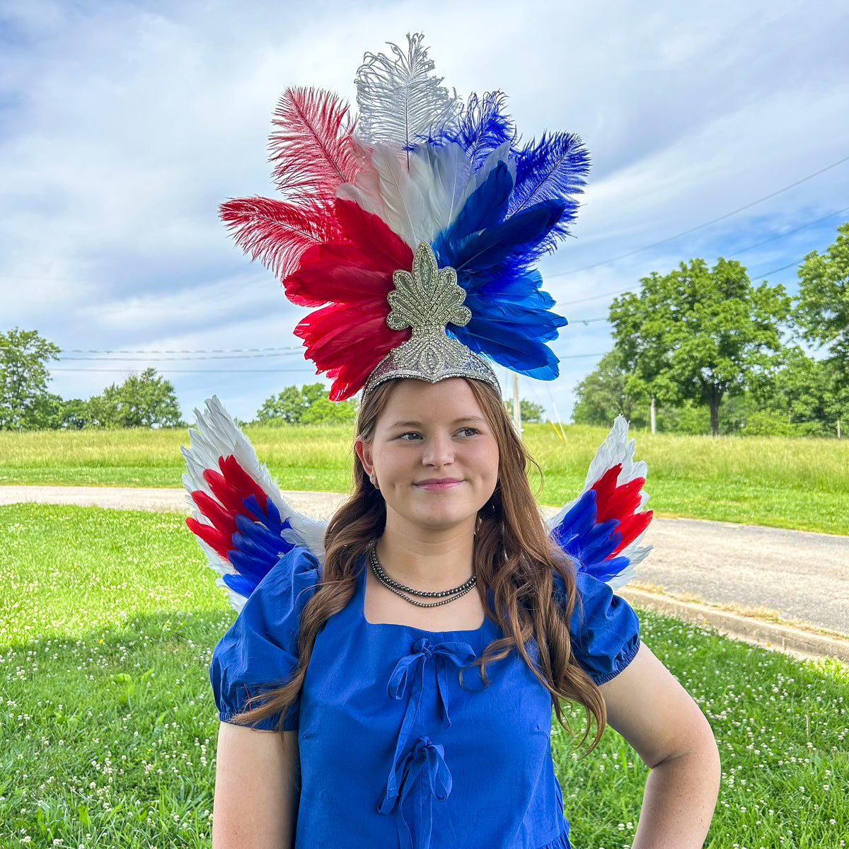 Ginger Showgirl Headdress w/Silver Glitter Base --Red/White/Royal
