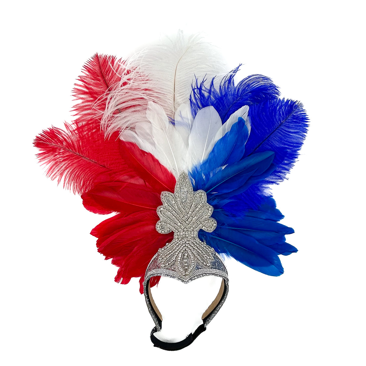 Ginger Showgirl Headdress w/Silver Glitter Base --Red/White/Royal