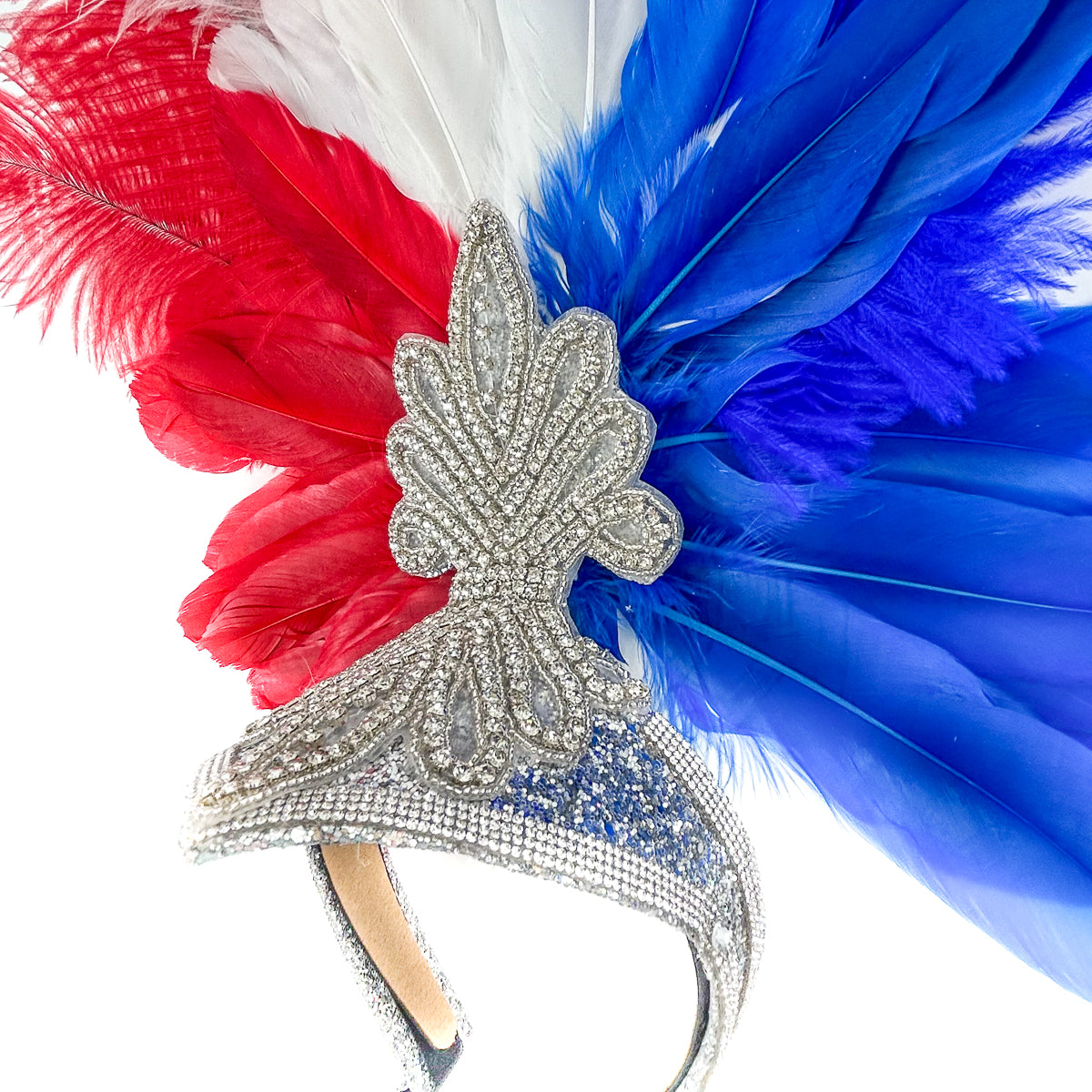 Ginger Showgirl Headdress w/Silver Glitter Base --Red/White/Royal