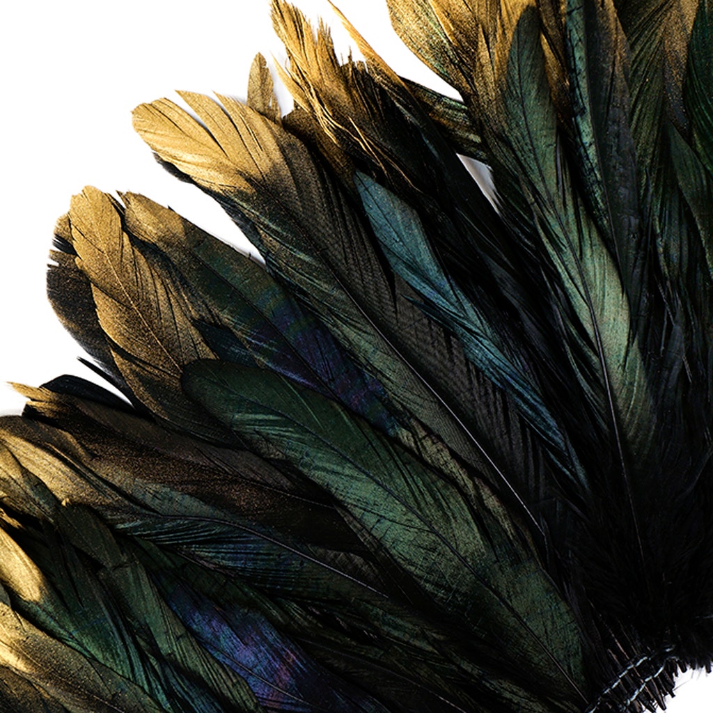 Rooster Coque Tails Feathers Black Iridescent Tipped Gold 5-8’’ [1/4 LB Bulk] - Feathers