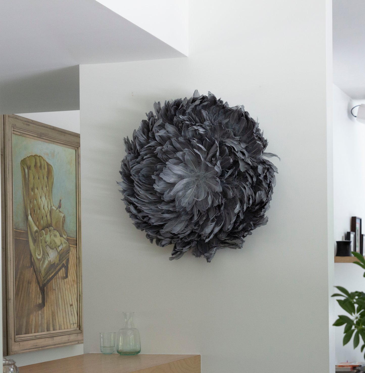 Juju Hat Nagoire Feather Wall Art 16 inch Wood Base   24-26 inch DIA --Silver