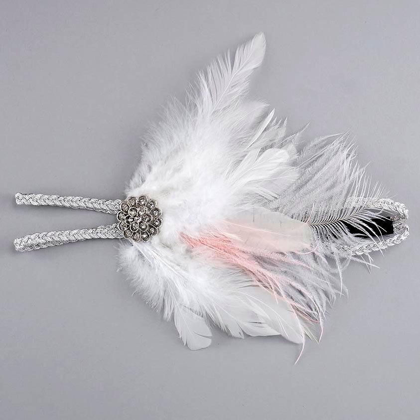 Feather Headband w/Ostrich/Schlappen Silver/White/Champagne