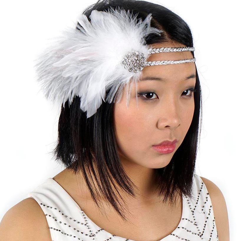 Feather Headband w/Ostrich/Schlappen Silver/White/Champagne