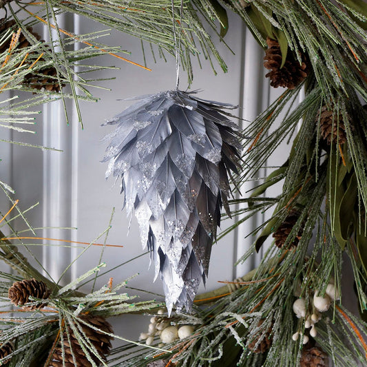 Silver Pine Cone Ornament w/Glitter - Feathers