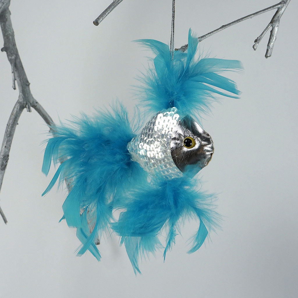 Feather Fish Ornament Silver/Dark Turquoise