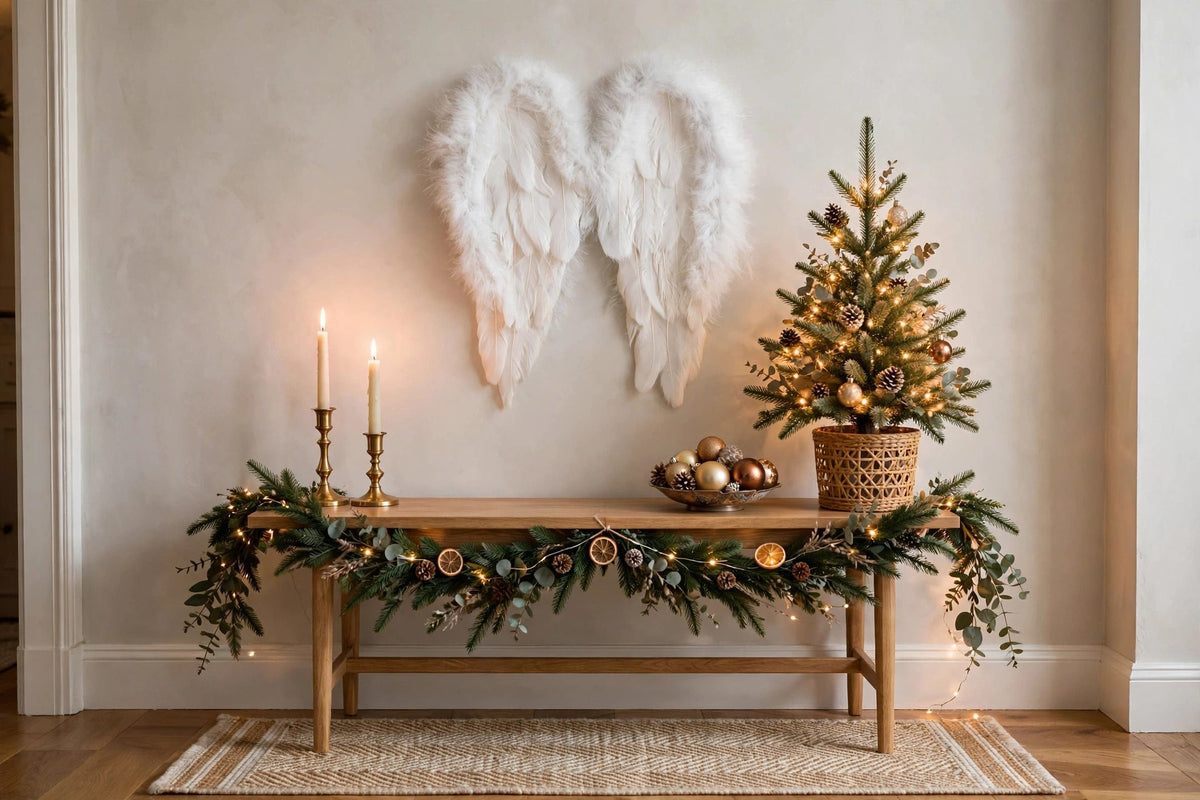 Small Angel Feather Costume Wing - Large Angel Wing Ornament hung on a wall in a holiday-decorated room